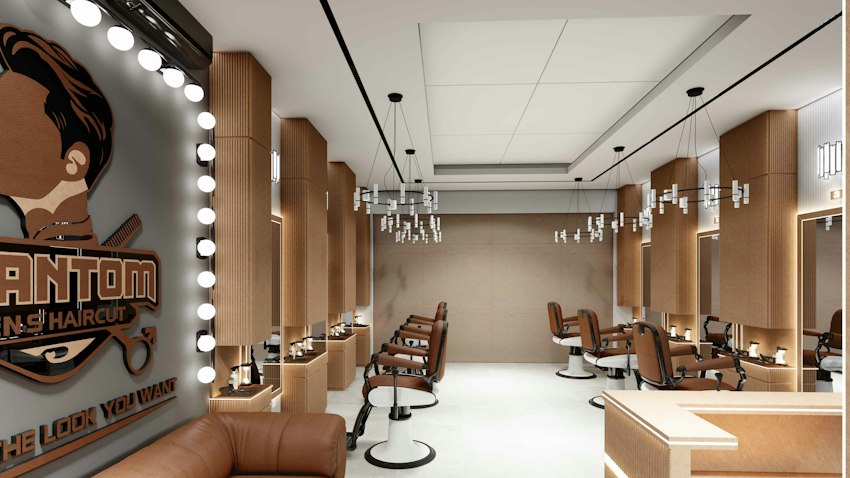 Light-filled barbershop with leather chairs